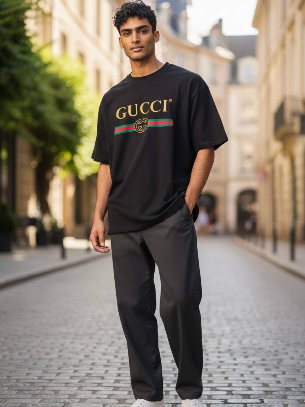 Gucci Black Logo Tee With Signature Stripe